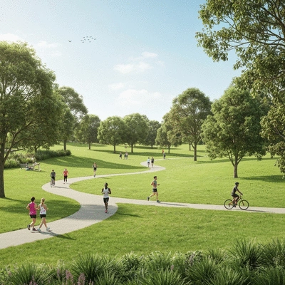 Lush green park in Albany Creek with walking trails and people enjoying outdoor activities