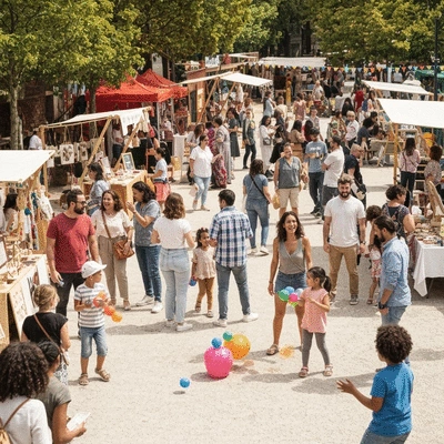 Diverse group of people enjoying a community festival outdoors, with local stalls and activities in the background, bright sunny day