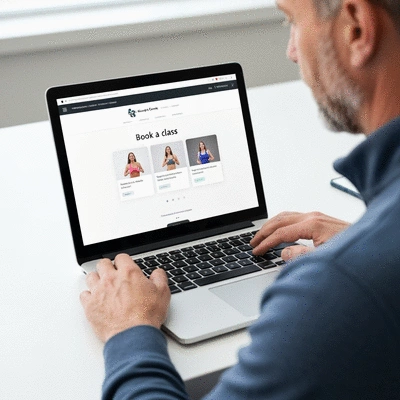 Person using a laptop to book a class on the Albany Creek Leisure Centre website
