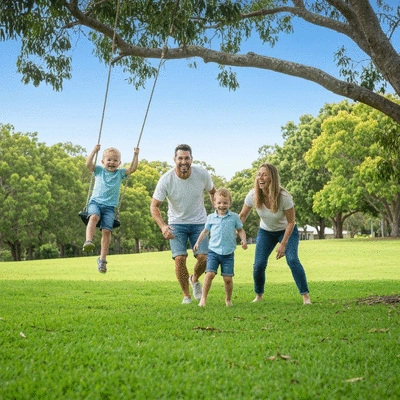 Family with two children playing in a park in Albany Creek