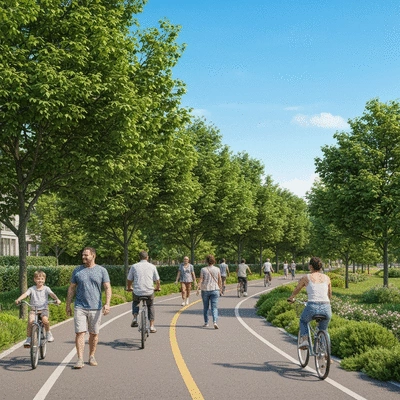 People walking and cycling on a well-maintained bike path in a green, suburban area