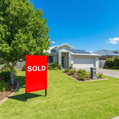 Modern suburban house with a 'Sold' sign in front, reflecting rising property values and shorter turnaround times in Albany Creek. Bright, sunny day, family-friendly neighborhood. no text, no words, no typography, no labels, clean image