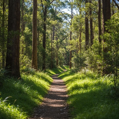 Lush green trail in Albany Creek Scenic Reserve, with sunlight filtering through trees, inviting for a walk