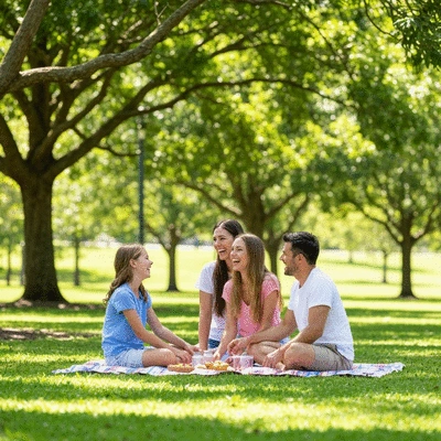 Family enjoying a picnic in a sunny park with lush green trees in Albany Creek