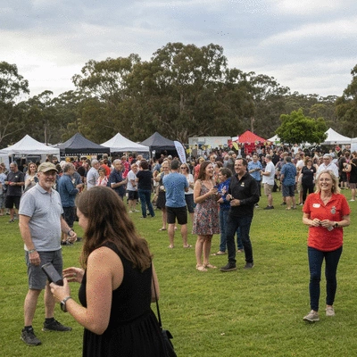 Diverse group of people enjoying a community festival in Albany Creek, happy and engaged, no text, no words, no typography, 8K