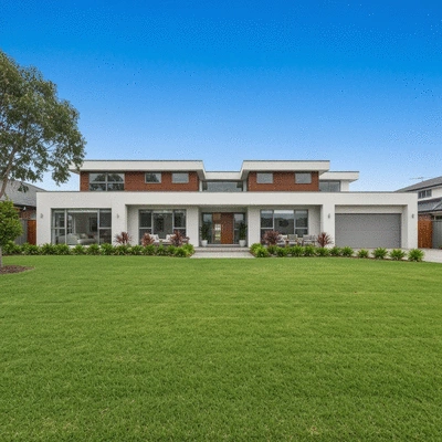 Modern family home in a suburban setting of Albany Creek, clear sky, lush green lawn, no text, no words, no typography, clean image