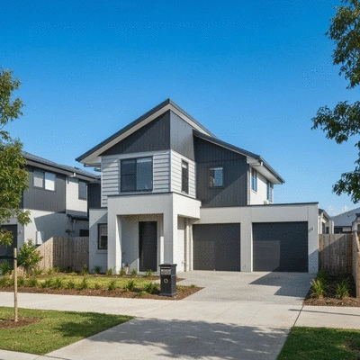 Modern townhouse exterior in a desirable Albany Creek neighborhood, clear sky, family-friendly, natural lighting, no text, no words, no typography, clean image, 8K