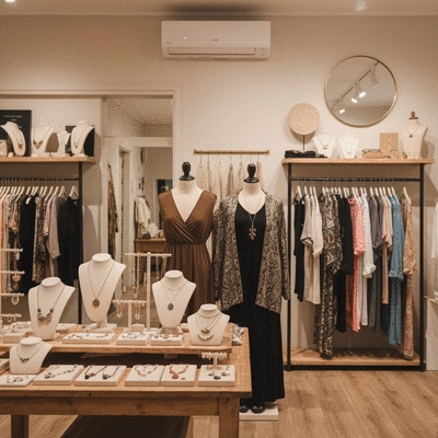 Interior of a charming boutique shop in Albany Creek, showcasing handmade jewelry and unique clothing, soft lighting, high resolution, no text, no words, no typography, clean image