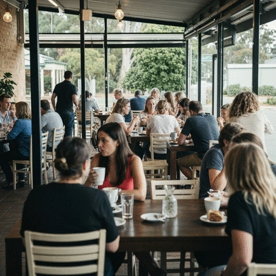 Bustling cafe scene in Albany Creek with people enjoying coffee and pastries, natural lighting, high resolution, no text, no words, no typography, clean image