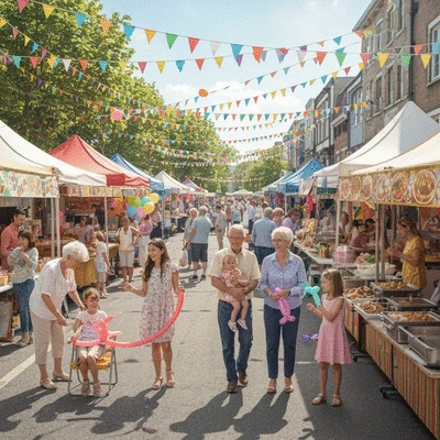 Families enjoying a vibrant community festival with colorful decorations and food stalls