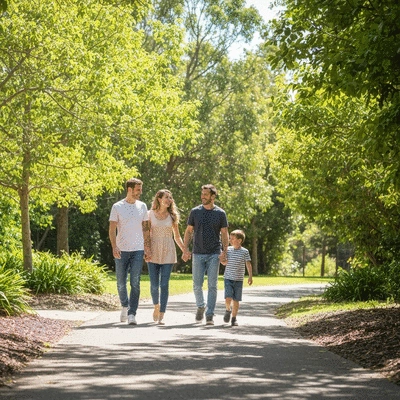 Happy family walking through a park in Albany Creek, sunny day, green trees, no text, no words, no typography, clean image