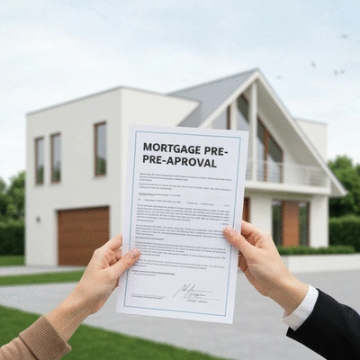 Hand holding a mortgage pre-approval document with a house in the background, symbolizing financial readiness for buying a home. Clean, modern, focus on documents. no text, no words, no typography, no labels, clean image