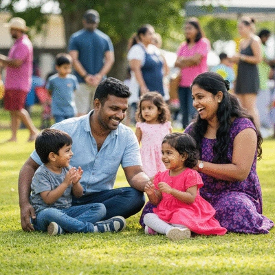 Happy family enjoying a community event in Albany Creek